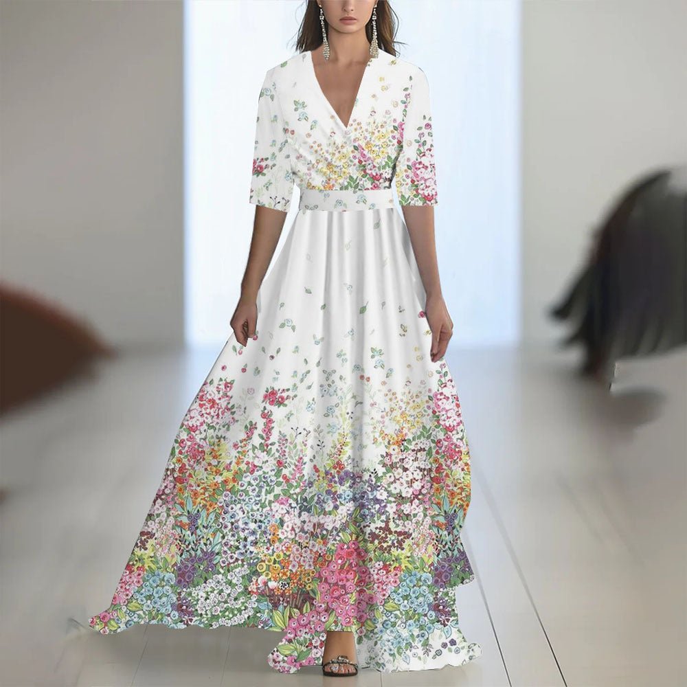 Robe Longue À Manches Imprimée Avec Décolleté en V - Allomarc.com