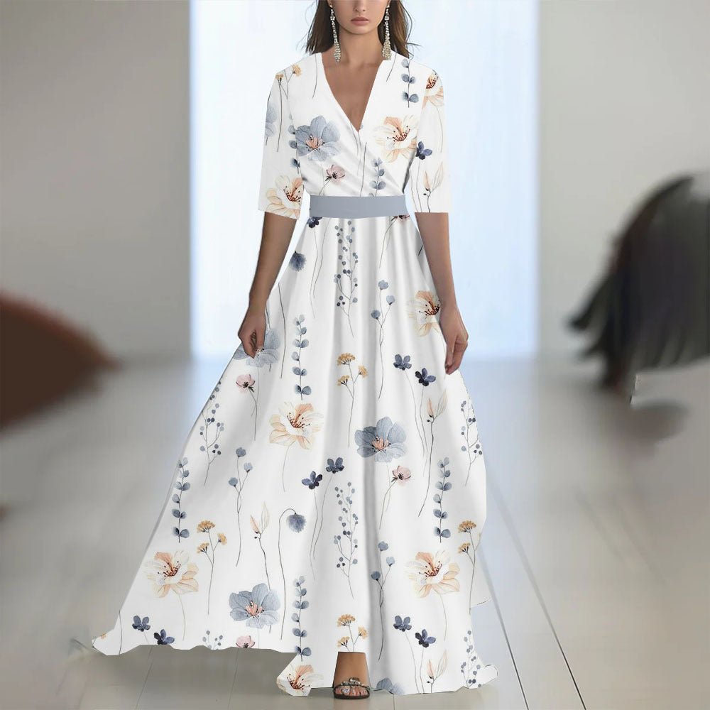 Robe Longue À Manches Imprimée Avec Décolleté en V - Allomarc.com