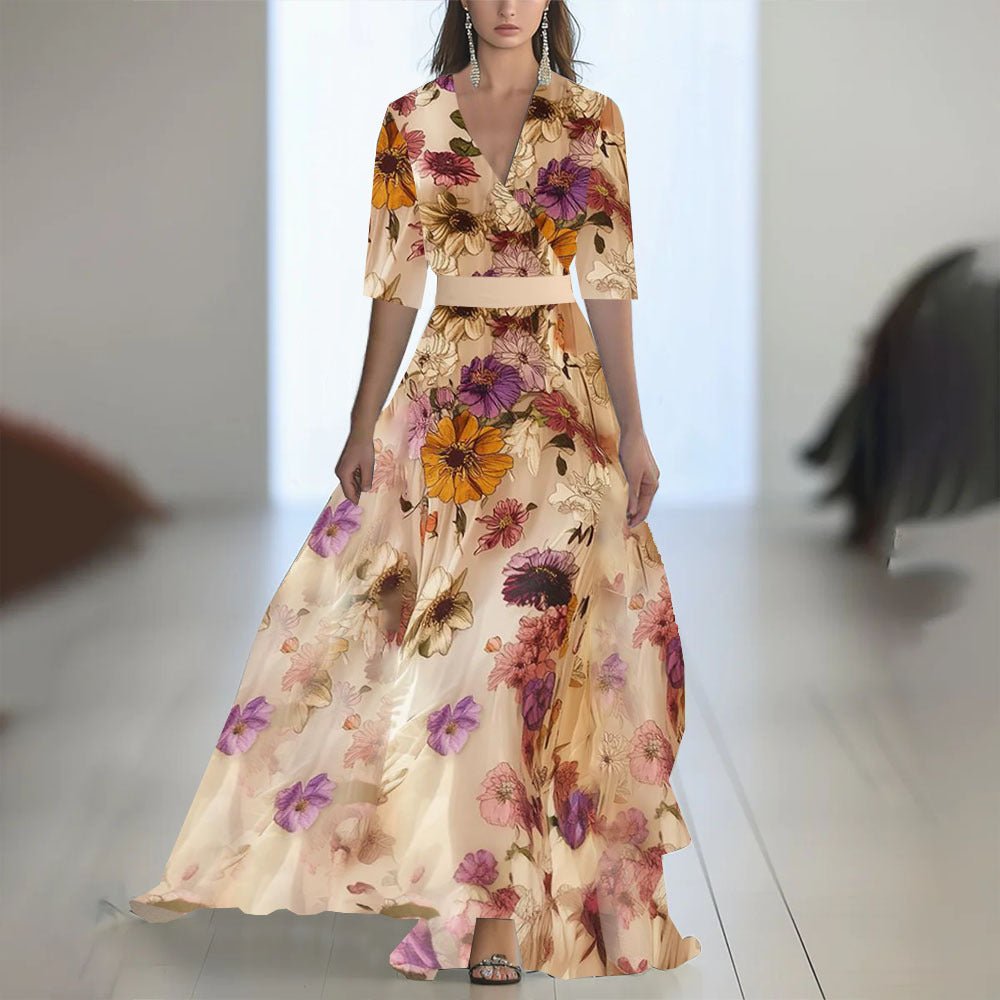 Robe Longue À Manches Imprimée Avec Décolleté en V - Allomarc.com