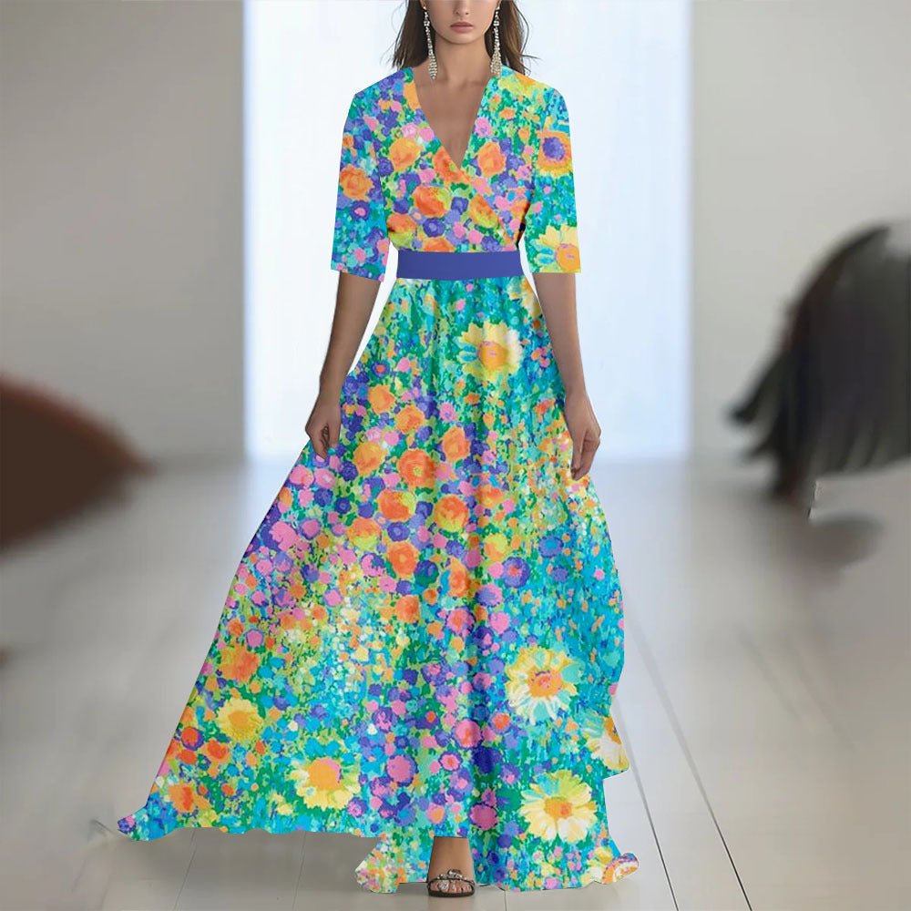 Robe Longue À Manches Imprimée Avec Décolleté en V - Allomarc.com