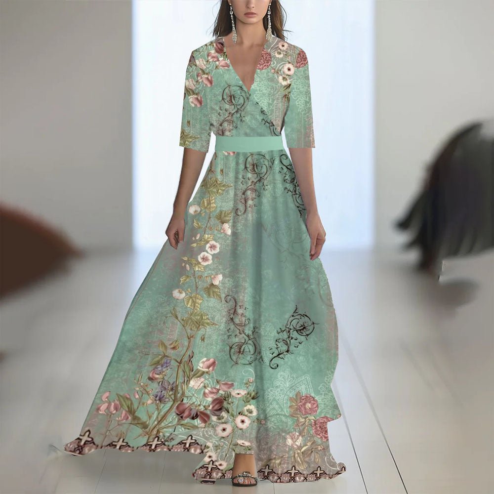 Robe Longue À Manches Imprimée Avec Décolleté en V - Allomarc.com