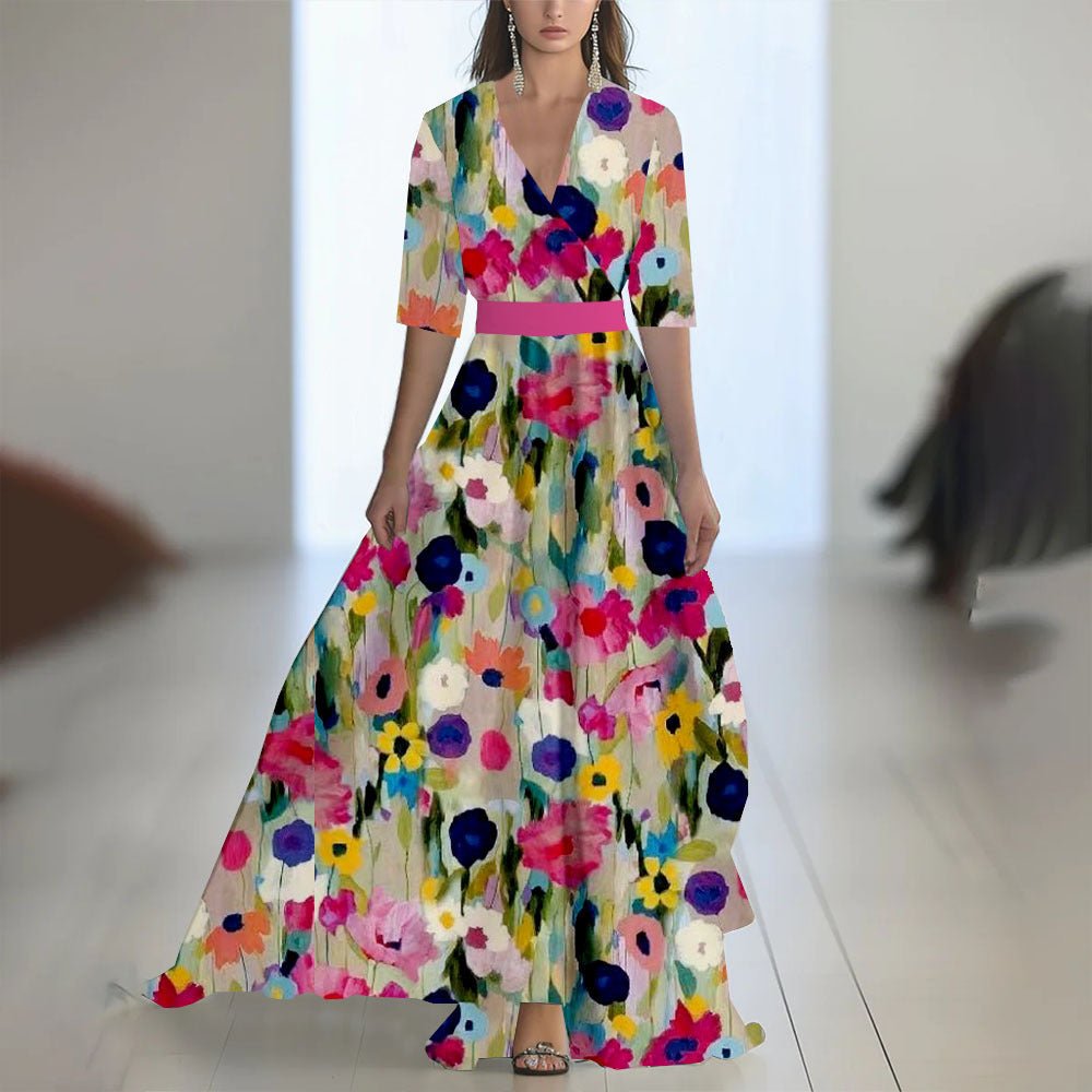 Robe Longue À Manches Imprimée Avec Décolleté en V - Allomarc.com