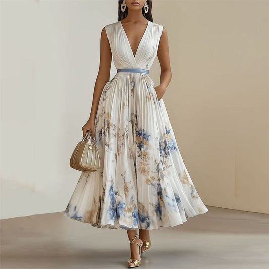 Robe Maxi Femme à Imprimé Floral et Décolleté en V Profond avec Poches - Robe d'Été Flottante - Allomarc.com
