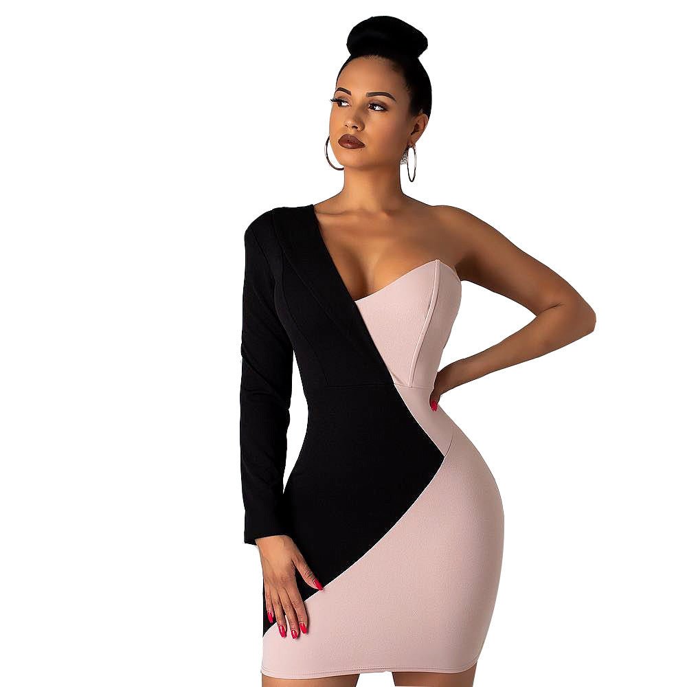 Robe Sexy Slim Fit Asymétrique à Manches Longues avec Détails en Contraste - Allomarc.com