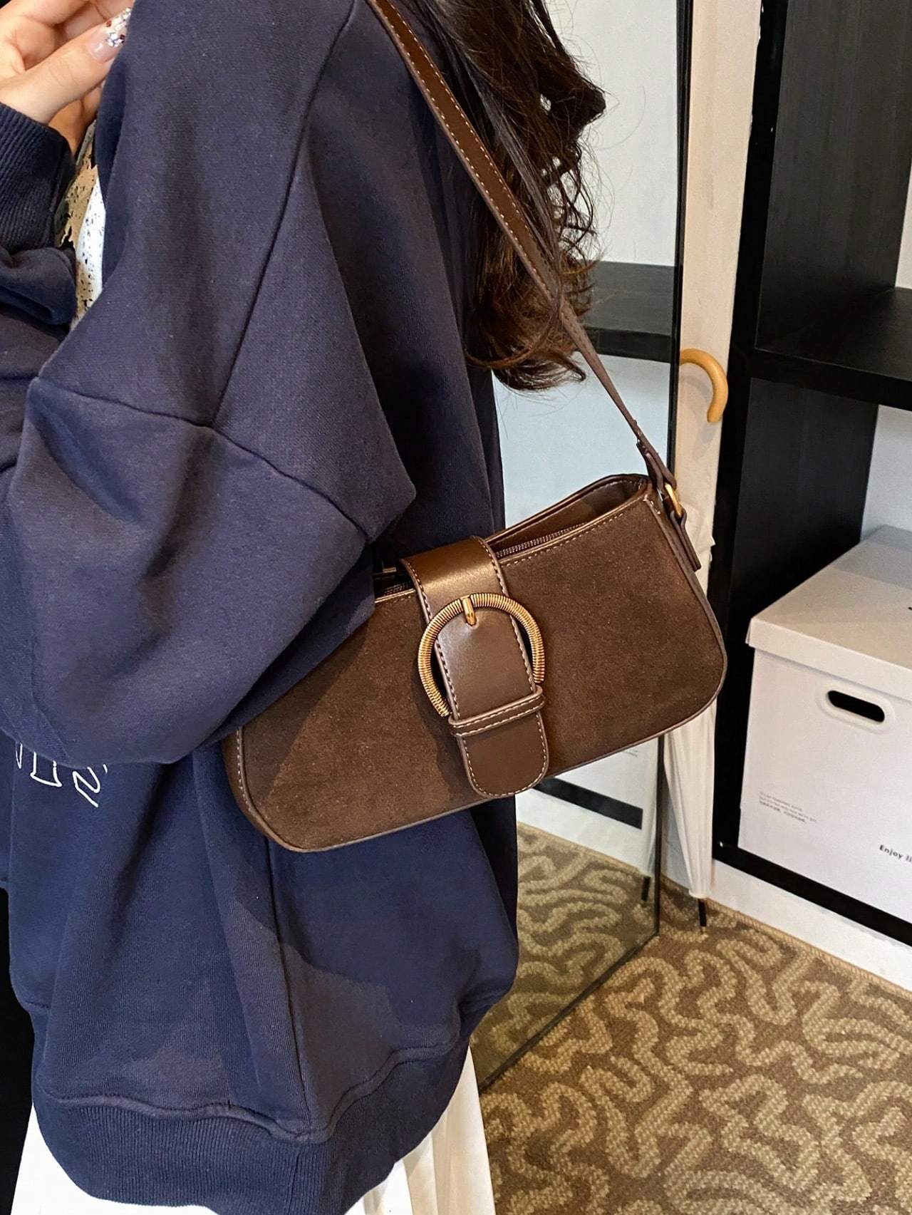 Sac à bandoulière en suède rétro pour femmes, couleur unie, à double sangle, tendance automne - hiver - Allomarc.com