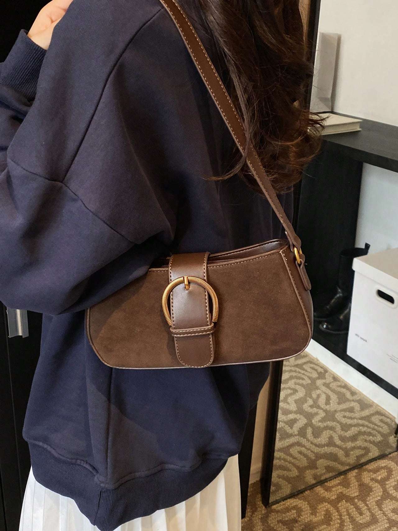 Sac à bandoulière en suède rétro pour femmes, couleur unie, à double sangle, tendance automne - hiver - Allomarc.com