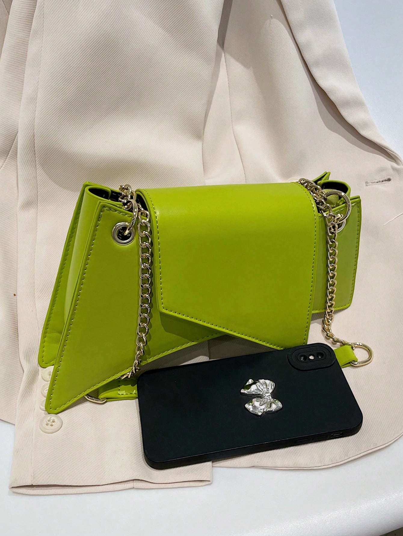 Sac à main en PU cuir texturé vert néon avec motif en pierre - Allomarc.com
