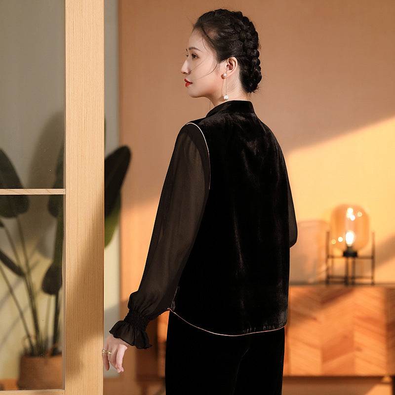 Top Tangzhuang Femme en Velours de Soie Brodé - Allomarc.com