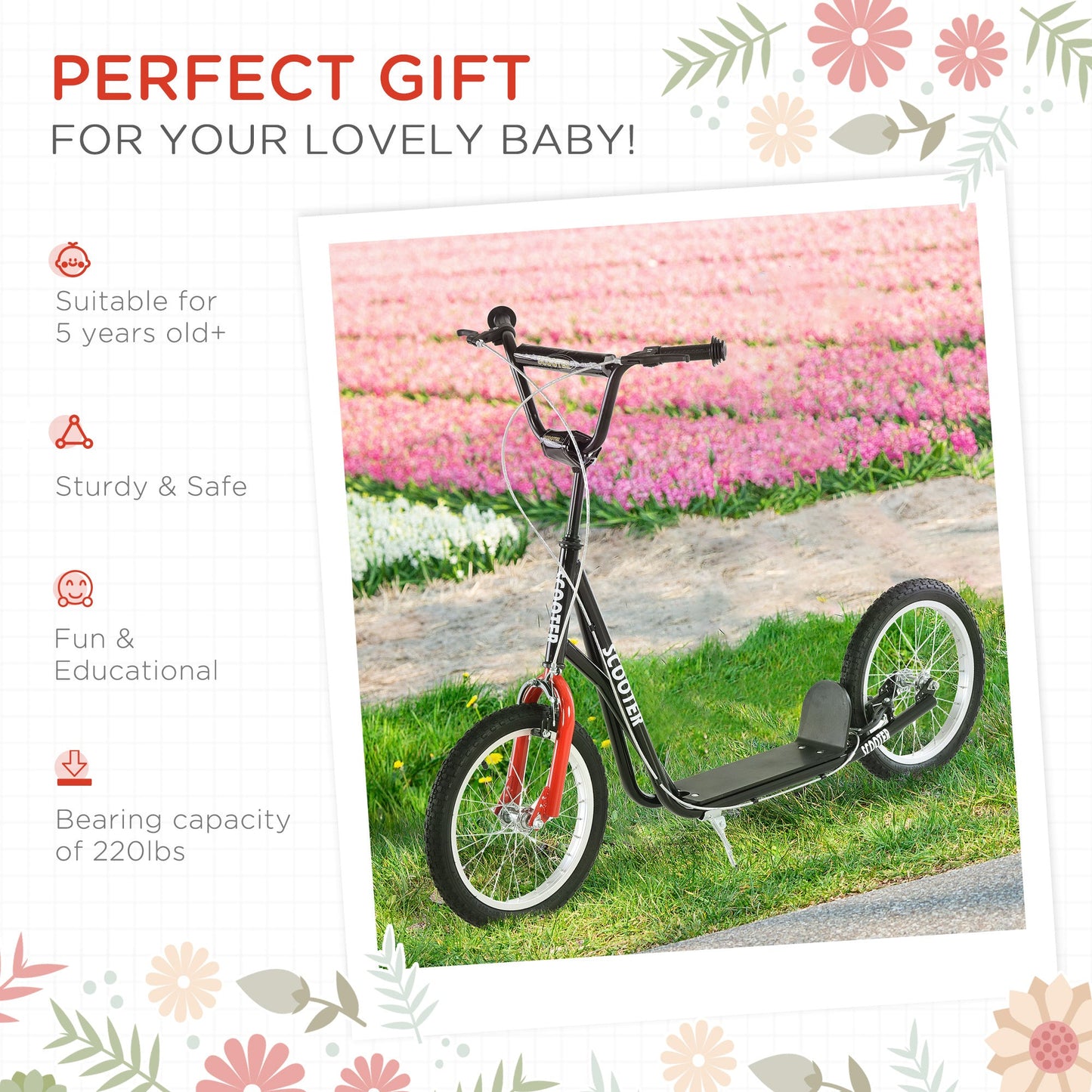 Trottinette pour Enfants, Noire, Guidon Réglable, Freins Arrière Doubles, Roues Gonflables - Allomarc.com