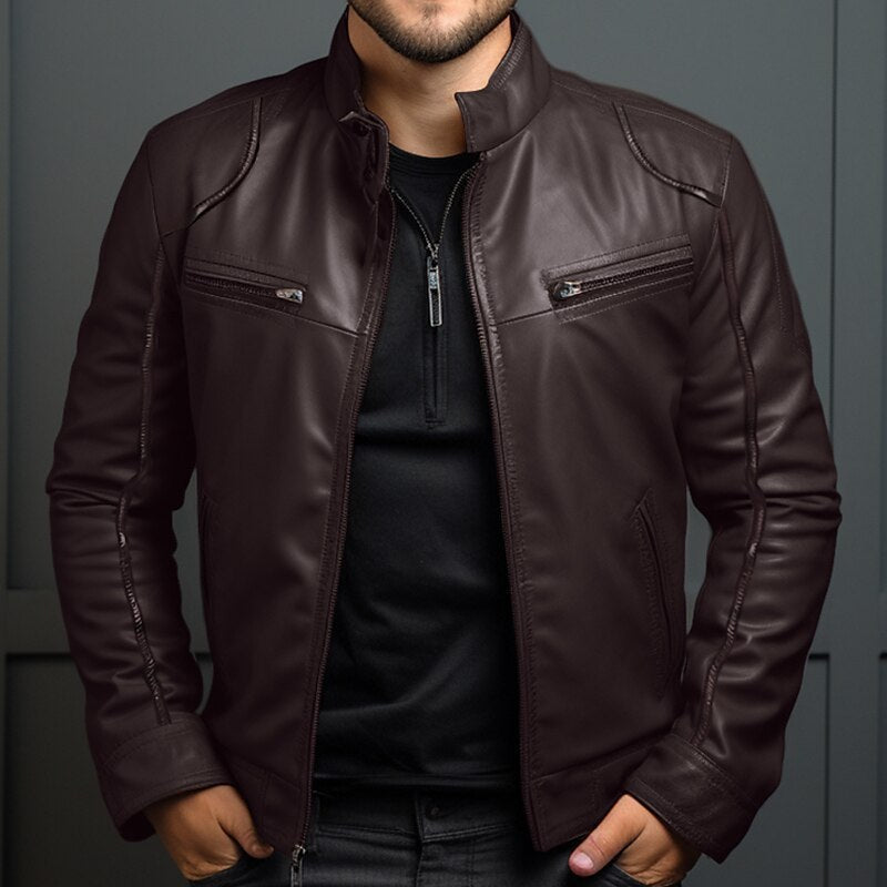 Veste en Cuir Manteau Moto pour Homme à Col Montant - Allomarc.com