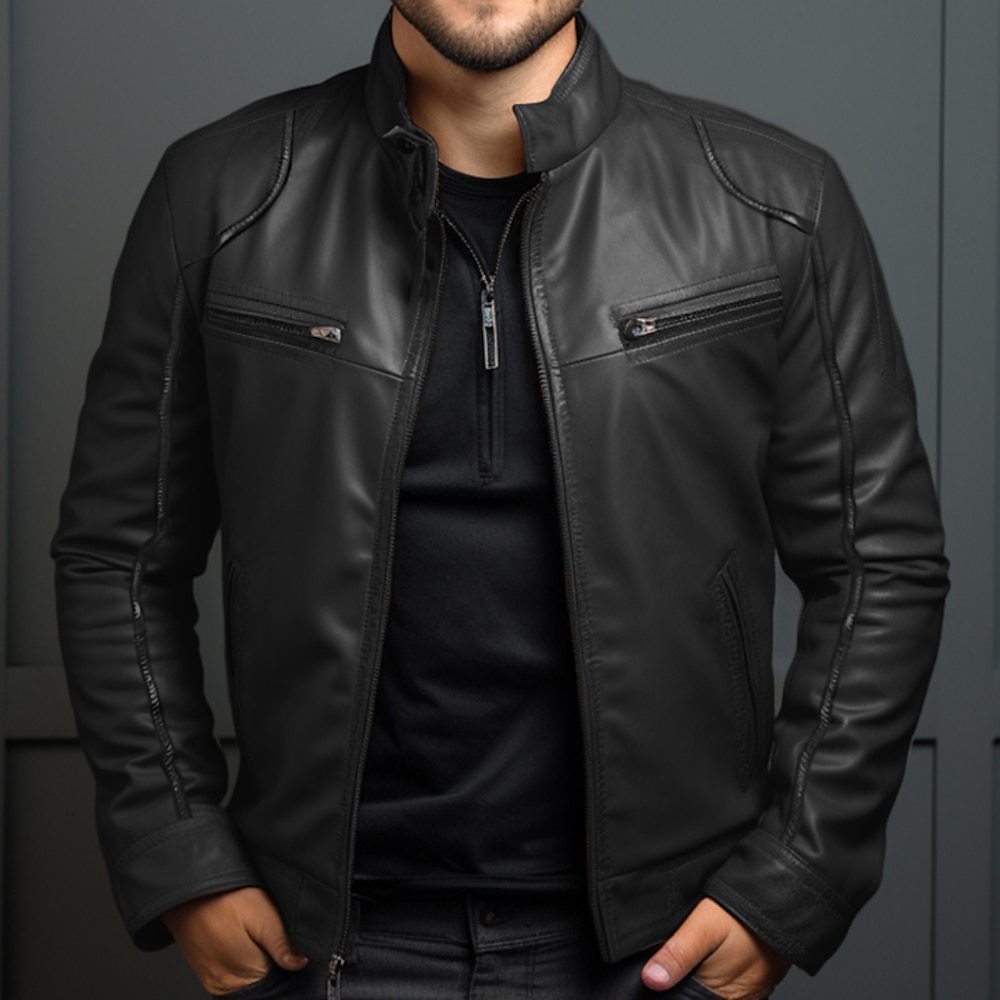 Veste en Cuir Manteau Moto pour Homme à Col Montant - Allomarc.com