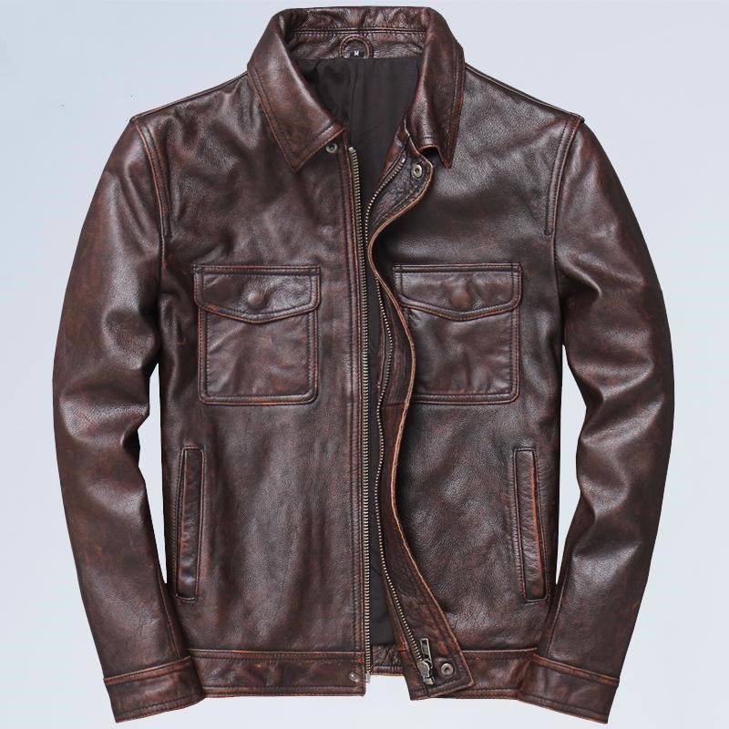 Veste en Cuir Retro pour Hommes avec Revers - Style Moto - Allomarc.com